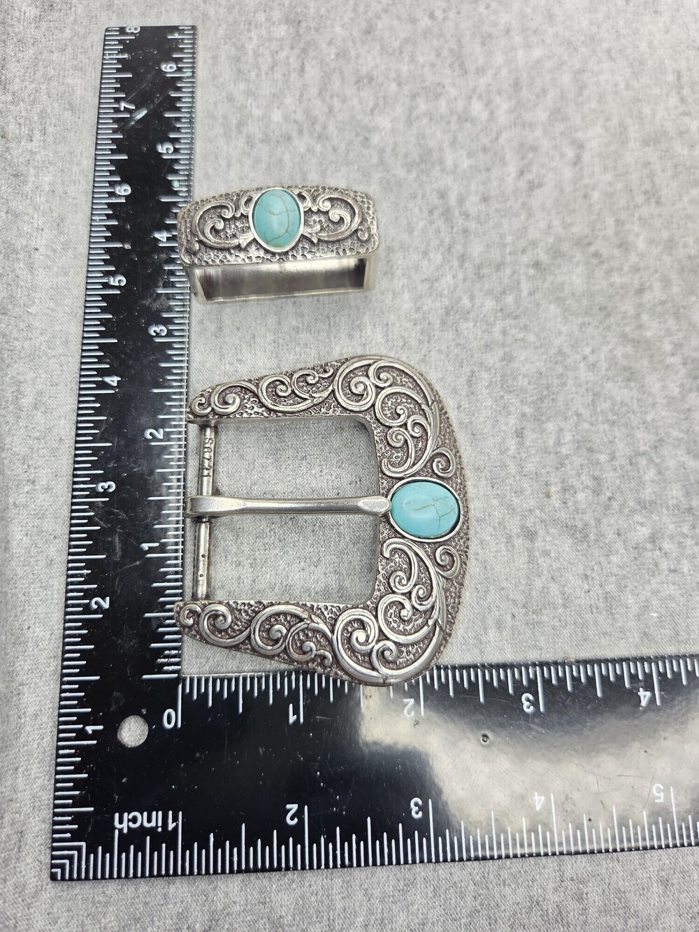 Vintage Western Belt Buckle Set Nickel Silver Turquoise Floral Engraved - Picture 5 of 7